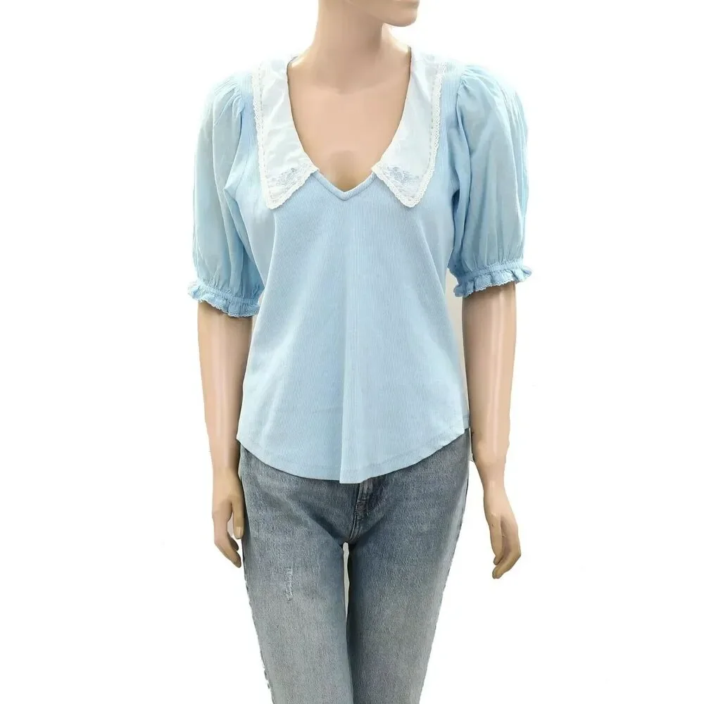 By Anthropologie Short-Sleeve Collared Top Floral Embroidered Ribbed XXS 273656